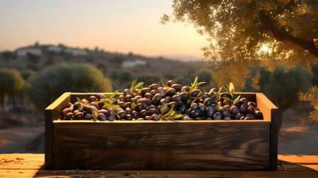 Olives harvested in a wooden box in a plantation with sunset. Natural organic fruit abundance. Agriculture, healthy and natural food concept.の素材