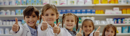 Group of children doing their dream job as Pharmacists at the Pharmacy. Concept of Creativity, Happiness, Dream come true and Teamwork.の素材