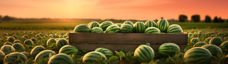 Watermelons harvested in a wooden box in a field with sunset. Natural organic vegetable abundance. Agriculture, healthy and natural food concept. Horizontal composition, banner.の素材