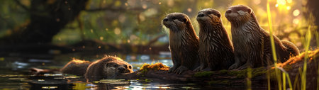 Otter family at the bank of the forest river with setting sun shining. Group of wild animals in nature. Horizontal, banner.の素材