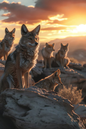 Coyot family standing in front of the camera in the rocky plains with setting sun. Group of wild animals in nature.の素材
