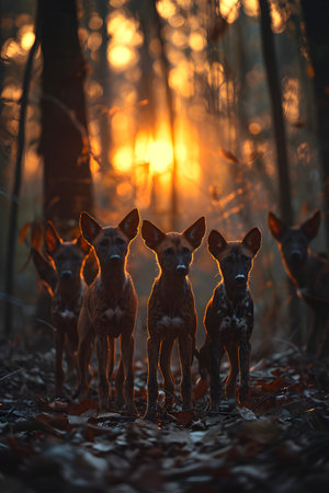 Wild dogs standing in the forest with setting sun shining. Group of wild animals in nature.の素材
