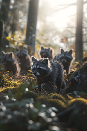 Racoon dog family in the forest with setting sun shining. Group of wild animals in nature.の素材