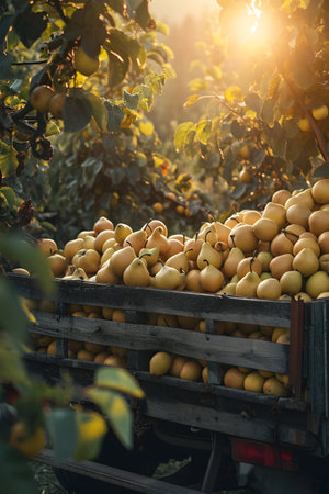 Cargo truck carrying yellow pear fruit in an orchard with sunset. Concept of food production, transportation, cargo and shipping.の素材