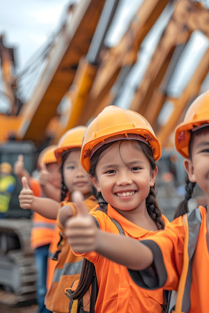Group of children doing their dream job as Crane Operators at the construction site with crane in the background. Concept of Creativity, Happiness, Dream come true and Teamwork.の素材