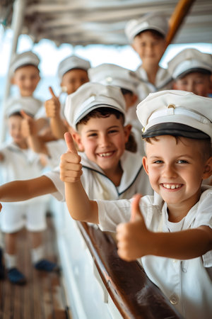 Group of children doing their dream job as Sailors on the ship board. Concept of Creativity, Happiness, Dream come true and Teamwork.の素材