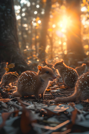 Quoll family in the forest with setting sun shining. Group of wild animals in nature.の素材