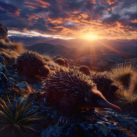 Echidna in the mountainous countryside with setting sun shining. Group of wild animals in nature.の素材