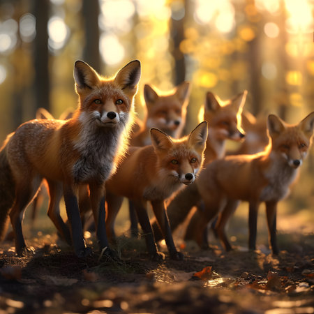 Foxes standing in the forest with setting sun shining. Group of wild animals in nature.の素材