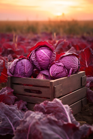 Red Cabbage harvested in a wooden box with field and sunset in the background. Natural organic fruit abundance. Agriculture, healthy and natural food concept. Vertical composition.の素材