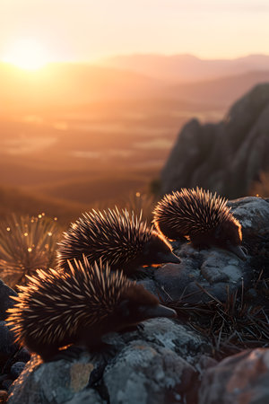 Echidna in the mountainous countryside with setting sun shining. Group of wild animals in nature.の素材
