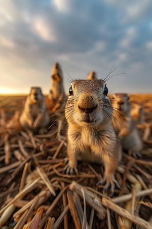 Ground squirrel family in the harvested field in summer evening with setting sun. Group of wild animals in nature.の素材