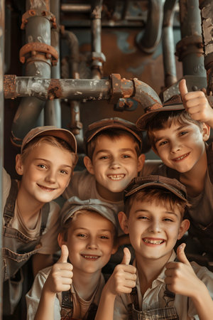 Group of children doing their dream job as Plumbers standing at the pipes. Concept of Creativity, Happiness, Dream come true and Teamwork.の素材