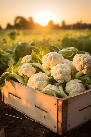 Cauliflower harvested in a wooden box with field and sunset in the background. Natural organic fruit abundance. Agriculture, healthy and natural food concept. Vertical composition.の素材