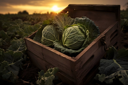 Cabbage harvested in a wooden box with field and sunset in the background. Natural organic fruit abundance. Agriculture, healthy and natural food concept. Horizontal composition.の素材