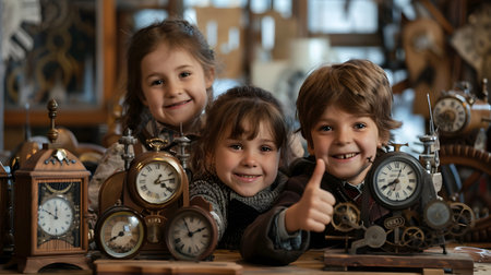Group of children doing their dream job as Clockmakers in the workshop. Concept of Creativity, Happiness, Dream come true and Teamwork.の素材