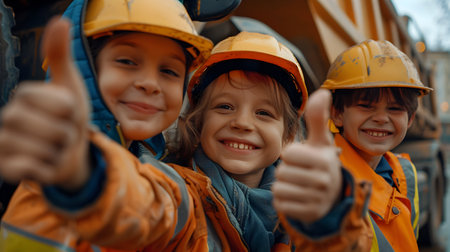 Group of children doing their dream job as Dustmen standing next to the garbage truck. Concept of Creativity, Happiness, Dream come true and Teamwork.の素材