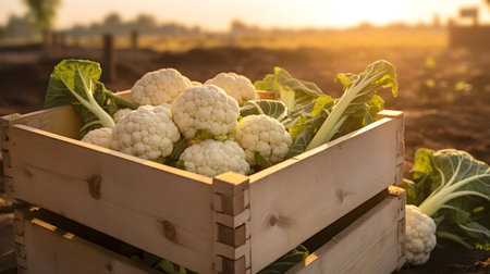 Cauliflower harvested in a wooden box with field and sunset in the background. Natural organic fruit abundance. Agriculture, healthy and natural food concept. Horizontal composition.の素材