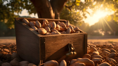 Brazil nuts harvested in a wooden box in a plantation with sunset. Natural organic fruit abundance. Agriculture, healthy and natural food concept.の素材
