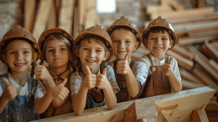 Group of children doing their dream job as Carpenters standing in the carpenters workshop. Concept of Creativity, Happiness, Dream come true and Teamwork.の素材