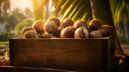 Coconuts harvested in a wooden box in a plantation with sunset. Natural organic fruit abundance. Agriculture, healthy and natural food concept.の素材