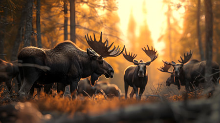 Moose family in the forest in summer evening with setting sun. Group of wild animals in nature.の素材