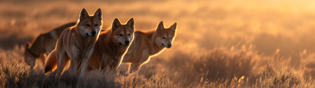 Dingo family standing in front of the camera in the rocky plains with setting sun. Group of wild animals in nature. Horizontal, banner.の素材