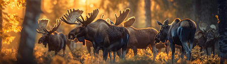 Moose family in the forest in summer evening with setting sun. Group of wild animals in nature. Horizontal, banner.の素材