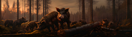 Group of boars running in the forest river with setting sun. Horizontal, banner.の素材