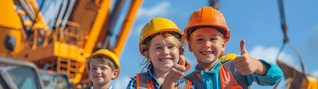 Group of children doing their dream job as Crane Operators at the construction site with crane in the background. Concept of Creativity, Happiness, Dream come true and Teamwork.の素材