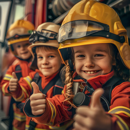 Group of children doing their dream job as Firemen standing next to the fire truck. Concept of Creativity, Happiness, Dream come true and Teamwork.の素材