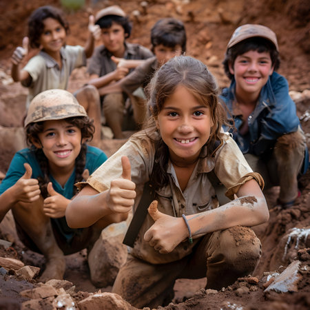 Group of children smiling, having thumbs up doing their dream job as Archeologists at the site with excavations in the background. Concept of Creativity, Happiness, Dream come true and Teamwork.の素材