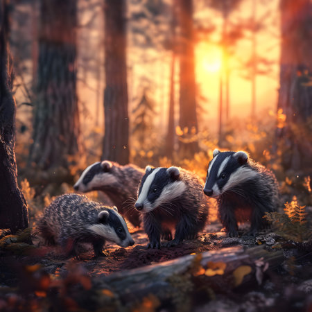 Badgers standing in the forest in the evening with setting sun shining. Group of wild animals in nature.の素材