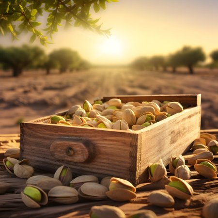 Pistachio nuts harvested in a wooden box in a plantation with sunset. Natural organic fruit abundance. Agriculture, healthy and natural food concept. Square composition.の素材