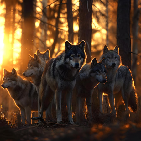 Wolf family in the forest with sunset. Group of wild animals in nature.の素材