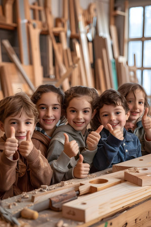 Group of children doing their dream job as Joiners standing in the joiners workshop. Concept of Creativity, Happiness, Dream come true and Teamwork.の素材