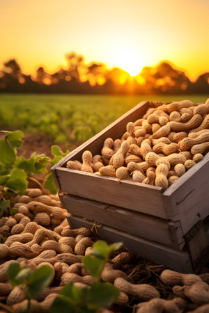 Peanuts harvested in a wooden box in a plantation with sunset. Natural organic fruit abundance. Agriculture, healthy and natural food concept. Vertical composition.の素材