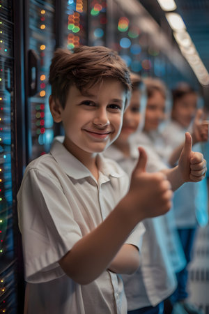 Group of children doing their dream job as IT Specialists in the server room. Concept of Creativity, Happiness, Dream come true and Teamwork.の素材