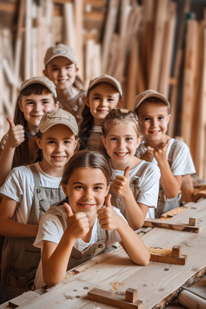 Group of children doing their dream job as Carpenters standing in the carpenters workshop. Concept of Creativity, Happiness, Dream come true and Teamwork.の素材