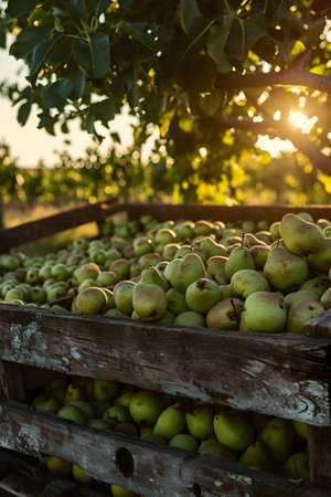 Cargo truck carrying green pear fruit in an orchard with sunset. Concept of food production, transportation, cargo and shipping.の素材