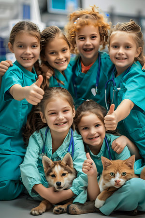 Group of children doing their dream job as Veterinarians at the office. Concept of Creativity, Happiness, Dream come true and Teamwork.の素材
