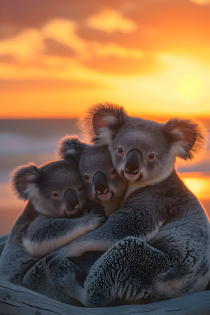 Koala bears in the sea coastal region with setting sun shining. Group of wild animals in nature.の素材