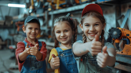 Group of children smiling, having thumbs up doing their dream job as Car Mechanics at the workshop. Concept of Creativity, Happiness, Dream come true and Teamwork.の素材