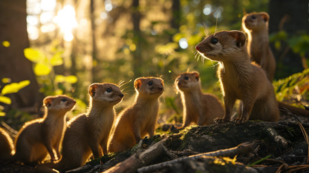 Weasel family in the forest with setting sun shining. Group of wild animals in nature.の素材