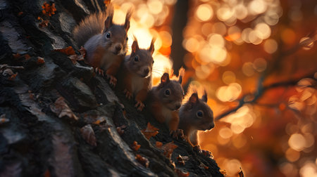 Squirrel family on the forest tree in the evening with sunset. Group of wild animals in nature.の素材