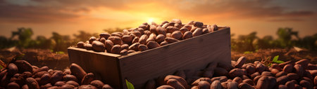 Cocoa beans harvested in a wooden box in a plantation with sunset. Natural organic fruit abundance. Agriculture, healthy and natural food concept. Horizontal composition, banner.の素材