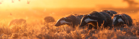 Honey badgers in the savanna in the evening with setting sun shining. Group of wild animals in nature. Horizontal, banner.の素材