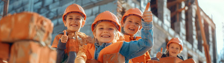 Group of children doing their dream job as Bricklayers at the construction site with building in the background. Concept of Creativity, Happiness, Dream come true and Teamwork.の素材