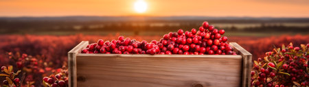 Cranberries harvested in a wooden box in a farm with sunset. Natural organic fruit abundance. Agriculture, healthy and natural food concept. Horizontal composition, banner.の素材