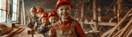 Group of children doing their dream job as Carpenters standing in the carpenters workshop. Concept of Creativity, Happiness, Dream come true and Teamwork.の素材